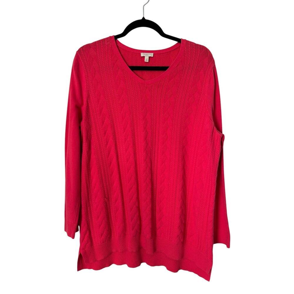 Talbots Sweater Womens Sz 1X Pink Cotton Long Sleeve Cable Knit V-Neck Pullover